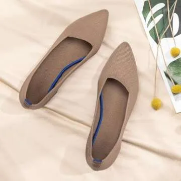 Frank Mully Womens Pointed Toe Flats Knit Dress Shoes Comfort Women Shoes Slip On Shoes for Woman Classic Softable Shoes Low Wedge Brown, 9