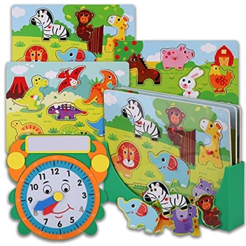 Wooden Toddler Puzzles and Rack Set - 3 Pack with Storage Holder Rack and Learning Clock - Kids Pres...