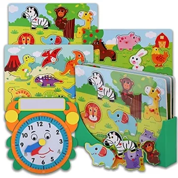 Wooden Toddler Puzzles and Rack Set - 3 Pack with Storage Holder Rack and Learning Clock - Kids Pres...