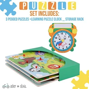 Wooden Toddler Puzzle Set with Storage Rack & Teaching Clock