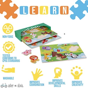 Wooden Toddler Puzzle Set with Storage Rack & Teaching Clock