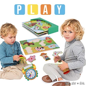 Wooden Toddler Puzzle Set with Storage Rack & Teaching Clock