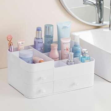 HBlife Plastic Makeup Organizer for Vanity, Large Skincare Organizers 8 Compartments Bathroom Organizer Cosmetic Storage, White
