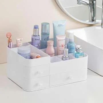 HBlife Plastic Makeup Organizer for Vanity, Large Skincare Organizers 8 Compartments Bathroom Organizer Cosmetic Storage, White