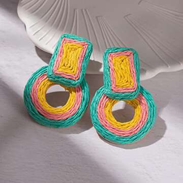 Statement Raffia Earrings Cute Boho Earrings Rattan Dangle Earrings Handmade Straw Wrap Earrings Summer Drop Dangling Earrings for Women(Teal)