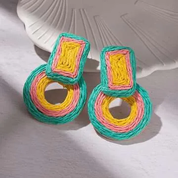 Statement Raffia Earrings Cute Boho Earrings Rattan Dangle Earrings Handmade Straw Wrap Earrings Summer Drop Dangling Earrings for Women(Teal)