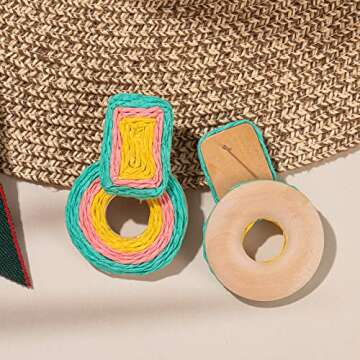 Statement Raffia Earrings Cute Boho Earrings Rattan Dangle Earrings Handmade Straw Wrap Earrings Summer Drop Dangling Earrings for Women(Teal)