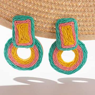Statement Raffia Earrings Cute Boho Earrings Rattan Dangle Earrings Handmade Straw Wrap Earrings Summer Drop Dangling Earrings for Women(Teal)
