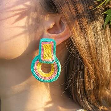 Statement Raffia Earrings Cute Boho Earrings Rattan Dangle Earrings Handmade Straw Wrap Earrings Summer Drop Dangling Earrings for Women(Teal)