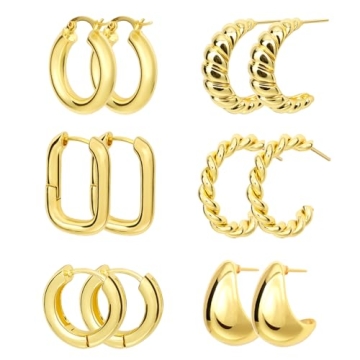 Yowivon Gold Hoop Earrings Set, 6 Pairs 14K Gold Plated Hypoallergenic Earrings Chunky Huggie Hoops ...