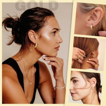 Yowivon Gold Hoop Earrings Set, 6 Pairs 14K Gold Plated Hypoallergenic Earrings Chunky Huggie Hoops Earring Lightweight Elegant Dainty Statement Earring Jewelry Gifts