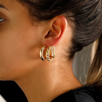 Yowivon Gold Hoop Earrings Set, 6 Pairs 14K Gold Plated Hypoallergenic Earrings Chunky Huggie Hoops Earring Lightweight Elegant Dainty Statement Earring Jewelry Gifts