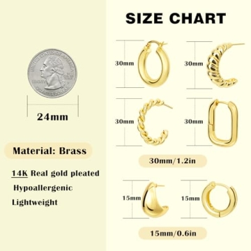 Yowivon Gold Hoop Earrings Set, 6 Pairs 14K Gold Plated Hypoallergenic Earrings Chunky Huggie Hoops Earring Lightweight Elegant Dainty Statement Earring Jewelry Gifts
