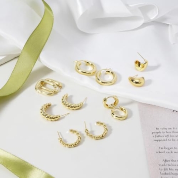 Yowivon Gold Hoop Earrings Set, 6 Pairs 14K Gold Plated Hypoallergenic Earrings Chunky Huggie Hoops Earring Lightweight Elegant Dainty Statement Earring Jewelry Gifts