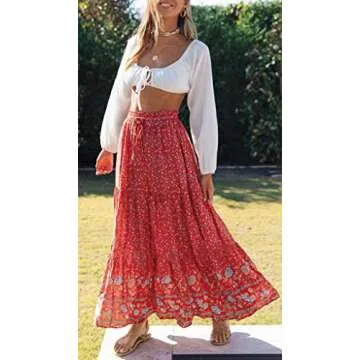 ZESICA Women's 2025 Summer Bohemian Floral Printed Elastic Waist A Line Maxi Skirt with Pockets,Red#...