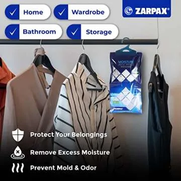 ZARPAX Hanging Moisture Absorber Activated Charcoal 10.6 oz/300g | Moisture Absorbing Bags for Bathroom, Closet & Kitchen | Removes Moisture, Humidity & Odors | Portable Dehumidifier | Set Of 10