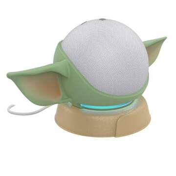 Echo Dot (5th Gen) Bundle: Echo Dot (5th Gen, 2022 release) | Glacier White, and Made for Amazon, featuring The Mandalorian Baby Grogu ™-inspired Stand