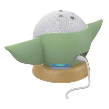 Echo Dot (5th Gen) Bundle: Echo Dot (5th Gen, 2022 release) | Glacier White, and Made for Amazon, featuring The Mandalorian Baby Grogu ™-inspired Stand