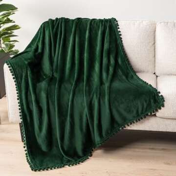 PAVILIA Fleece Throw Blanket for Couch with Pom Pom Fringe, Emerald Green, Soft Cozy Fuzzy Flannel B...