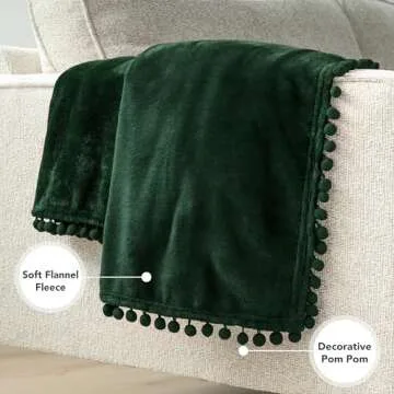 PAVILIA Fleece Throw Blanket for Couch with Pom Pom Fringe, Emerald Green, Soft Cozy Fuzzy Flannel Blanket for Sofa Bed, Lightweight Plush All Season Throw, 50x60 Inches
