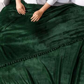 PAVILIA Fleece Throw Blanket for Couch with Pom Pom Fringe, Emerald Green, Soft Cozy Fuzzy Flannel Blanket for Sofa Bed, Lightweight Plush All Season Throw, 50x60 Inches