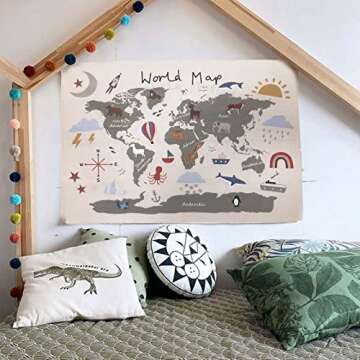 Charlbytion World Maps for Wall, Adorable Alphabet Canvas Art Poster Wall Hanging,Kids Room School Bedroom Photography Background Props Decor (31.5"x23.5", Khaki)