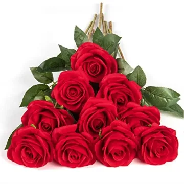 DuHouse 10pcs Fake Roses Artificial Silk Flowers Faux Rose Bouquet for Wedding Centerpiece and Home ...