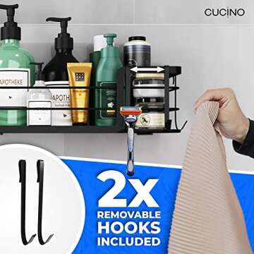 Cucino Extra-Large Shower Caddy 2-Pack - 16-Inch Rust-Resistant Black Shower Shelves for Inside Shower, Adhesive Organizer with 4 Removable Hooks, XL Shower Racks for Inside Shower
