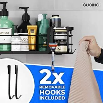 Cucino Extra-Large Shower Caddy 2-Pack - 16-Inch Rust-Resistant Black Shower Shelves for Inside Shower, Adhesive Organizer with 4 Removable Hooks, XL Shower Racks for Inside Shower