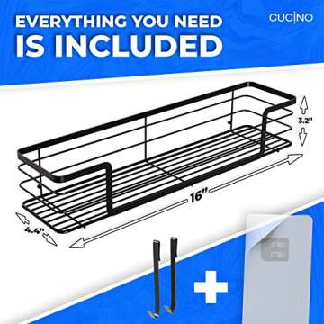 Cucino Extra-Large Shower Caddy 2-Pack - 16-Inch Rust-Resistant Black Shower Shelves for Inside Shower, Adhesive Organizer with 4 Removable Hooks, XL Shower Racks for Inside Shower
