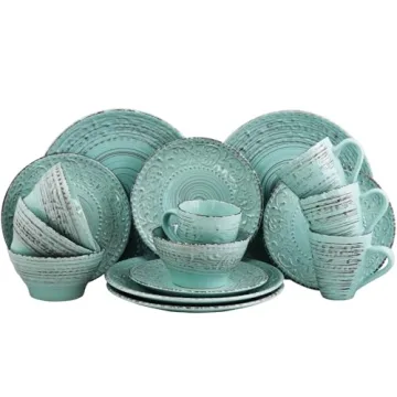 Elama Malibu Waves 16 Piece Dinnerware Set in Turquoise