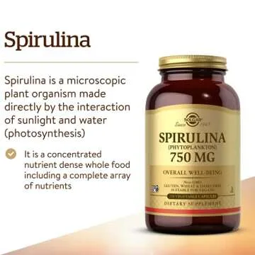 Solgar Spirulina 750 mg, 250 Vegetable Capsules - Plant Plankton - Overall Well-Being - Immune Support - Super-Green - Non-GMO, Vegan, Gluten Free, Dairy Free, Kosher - 62 Servings