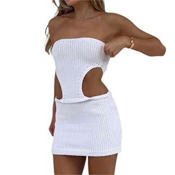 Women Knit Camisole Dress Y2K Aesthetic Spaghetti Strap Mini Dress Skinny Halter Halter Leotard Retro Beach Vacation (01#White, M)