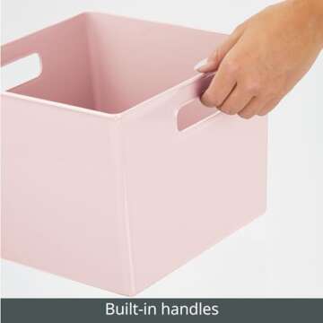 mDesign Plastic Deep Home Storage Organizer Basket Bin, Handles for Cube Furniture Shelving in Office, Closet, Bedroom, Laundry Room, Nursery, Kids Toy Room Shelf, Ligne Collection, 4 Pack, Light Pink