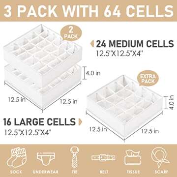 Criusia 3 Pack Sock Underwear Drawer Organizer Dividers, 64 Cell Fabric Foldable Cabinet Closet Organizers and Storage Boxes for Storing Socks, Panties, Ties (16+24+24 Cell, White)