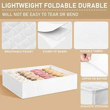 Criusia 3 Pack Sock Underwear Drawer Organizer Dividers, 64 Cell Fabric Foldable Cabinet Closet Organizers and Storage Boxes for Storing Socks, Panties, Ties (16+24+24 Cell, White)