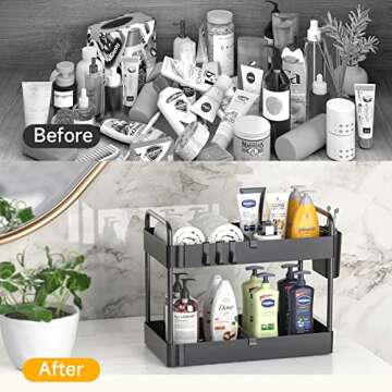 JUJOJB 3 Pack Under Sink Organizers And Storage With Dividers,2-Tier Bathroom Organizers and Storage,Kitchen Organization,Cabinet Organizer With Hooks,Hanging Cup,Dividers,Handles,