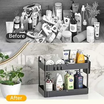 JUJOJB 3 Pack Under Sink Organizers And Storage With Dividers,2-Tier Bathroom Organizers and Storage,Kitchen Organization,Cabinet Organizer With Hooks,Hanging Cup,Dividers,Handles,