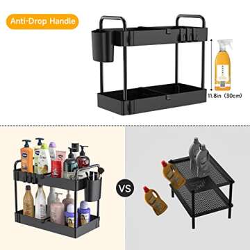 JUJOJB 3 Pack Under Sink Organizers And Storage With Dividers,2-Tier Bathroom Organizers and Storage,Kitchen Organization,Cabinet Organizer With Hooks,Hanging Cup,Dividers,Handles,