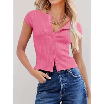 Cicy Bell Womens Cap Sleeve Crop Tops Fitted Button Down V Neck Shirts Y2k Going Out Cute Ribbed Knit Tshirts Pink