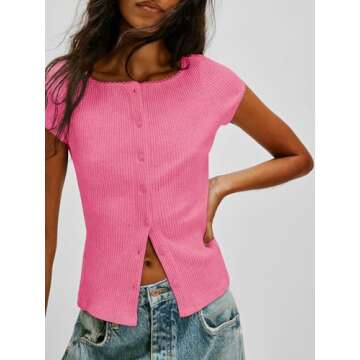 Cicy Bell Womens Cap Sleeve Crop Tops Fitted Button Down V Neck Shirts Y2k Going Out Cute Ribbed Knit Tshirts Pink