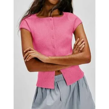 Cicy Bell Womens Cap Sleeve Crop Tops Fitted Button Down V Neck Shirts Y2k Going Out Cute Ribbed Knit Tshirts Pink