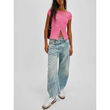 Cicy Bell Womens Cap Sleeve Crop Tops Fitted Button Down V Neck Shirts Y2k Going Out Cute Ribbed Knit Tshirts Pink