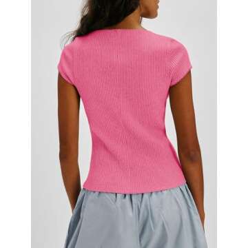 Cicy Bell Womens Cap Sleeve Crop Tops Fitted Button Down V Neck Shirts Y2k Going Out Cute Ribbed Knit Tshirts Pink
