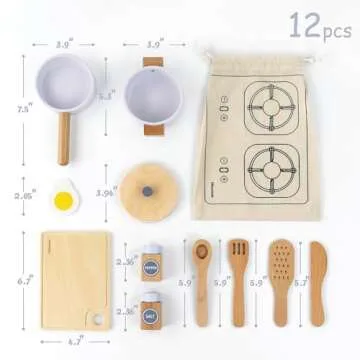 Pillowhale Wooden Toy Pots and Pans Cookware Playset for Kids Kitchen,Toddler Cooking Set,Pretend Pl...