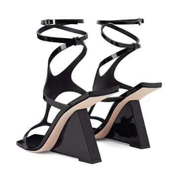 Kluolandi Women's Wedge Heeled Sandals Open Toe Criss-cross Strappy Sandals Heels Dress Shoes with Cut-out Design Black