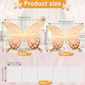12 Pcs 3D Large Butterfly Party Decoration Paper Butterfly Stickers in 2 Different Size Wall Mural S...