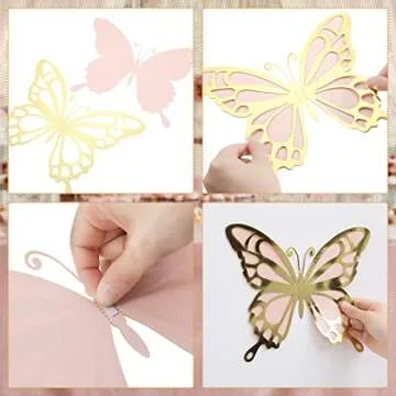 12 Pcs 3D Large Butterfly Party Decoration Paper Butterfly Stickers in 2 Different Size Wall Mural Set for Birthday Baby Shower Nursery Bedroom Wedding(Gold and Pink)