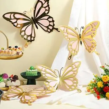 12 Pcs 3D Large Butterfly Party Decoration Paper Butterfly Stickers in 2 Different Size Wall Mural Set for Birthday Baby Shower Nursery Bedroom Wedding(Gold and Pink)