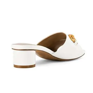 Coutgo Women's Slide Sandals Square Open Toe Slip on Comfortable Mules Block Low Heel Metal Chain Dressy Shoes,White,Size 11